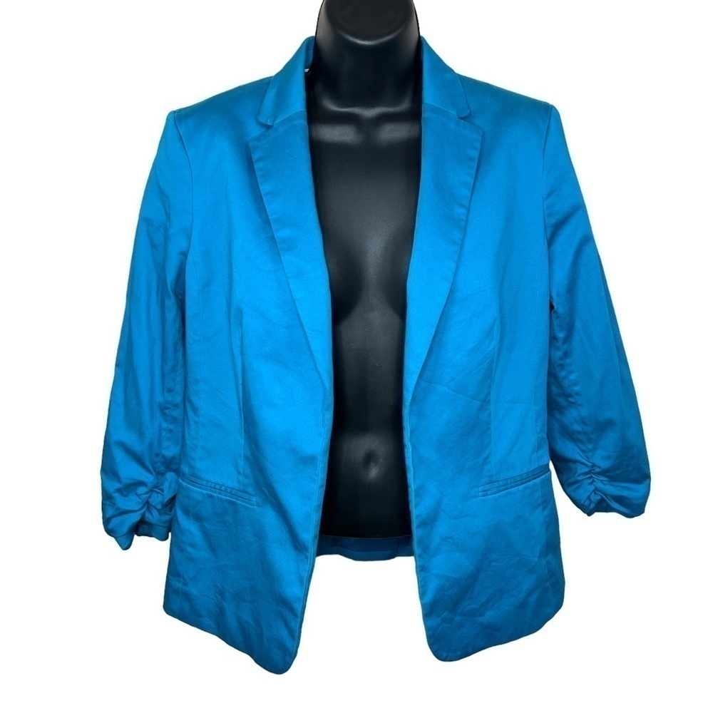 Size 6 Adrianna Papell Teal Blue Blazer Open Front 3/4 Sleeve Shoulder Pads
